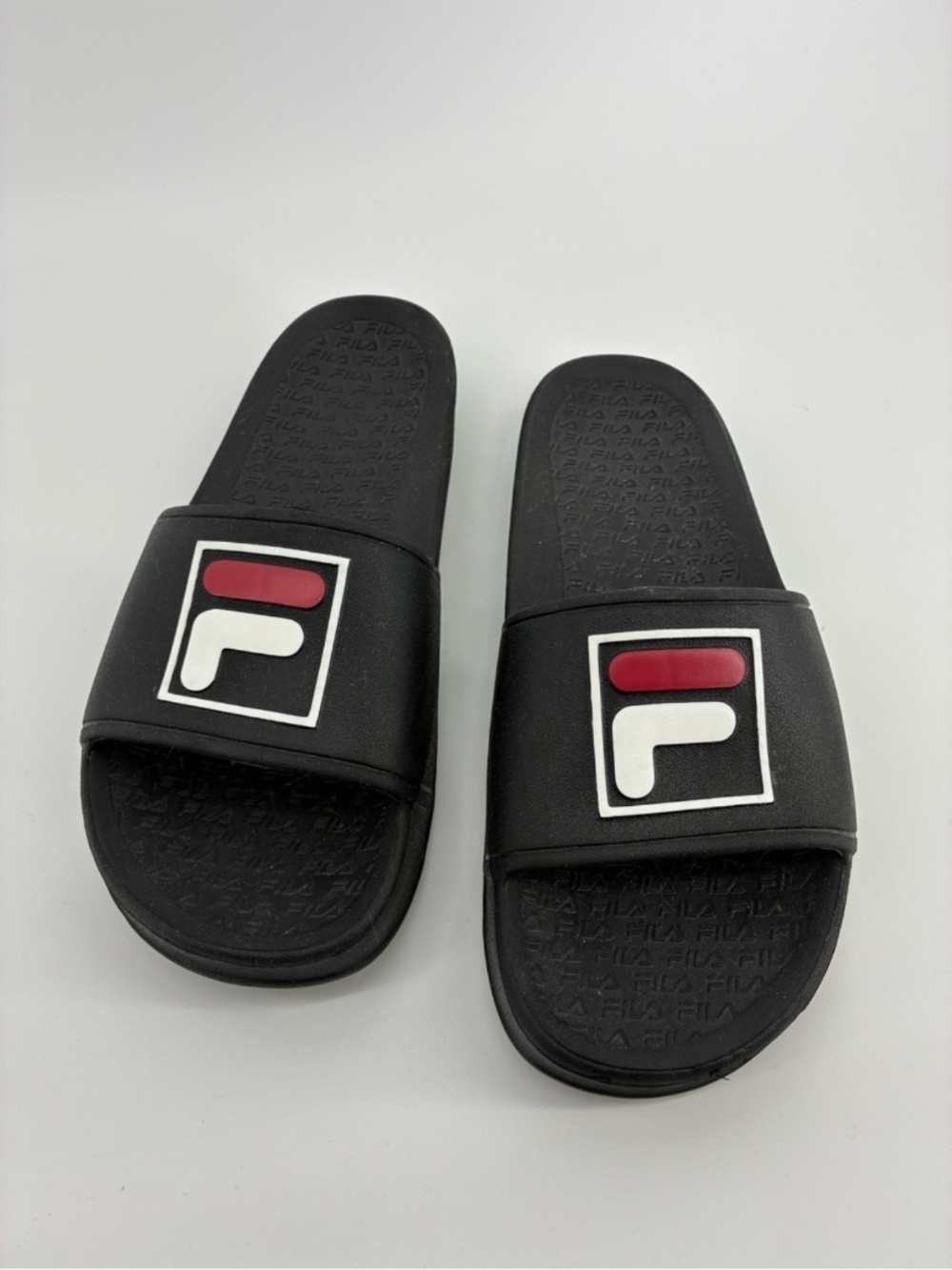 MASSIVE $10 SALE Fila Black Slide Sandals with Red and White Logo Accents